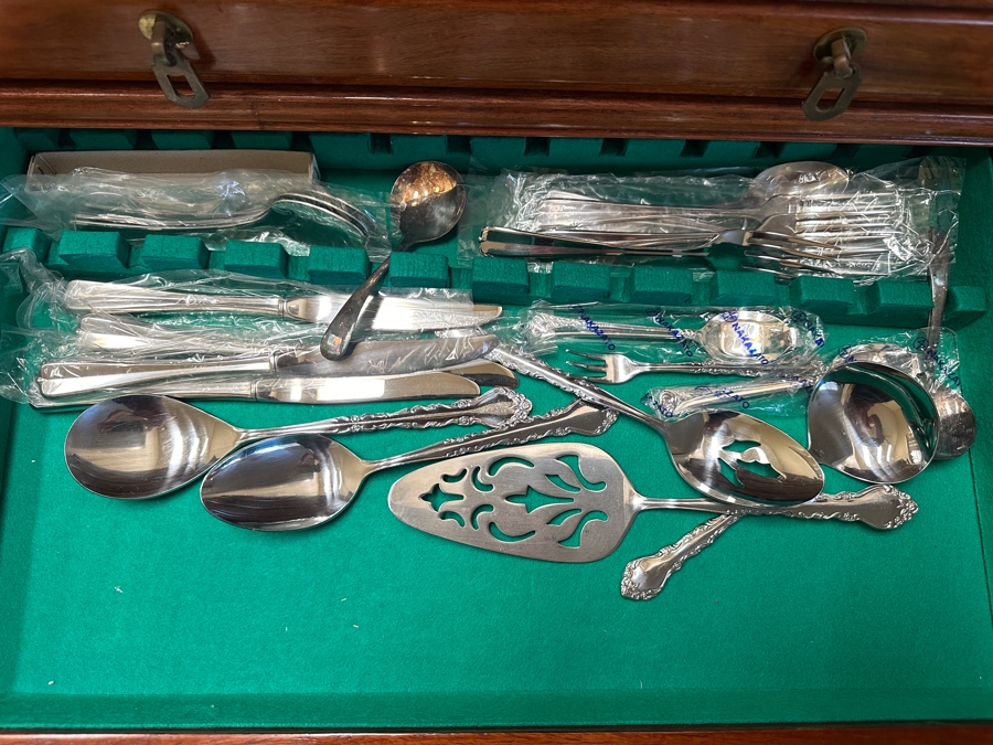 Vintage Chinese Hardwood Silverware Chest Cabinet With Five Drawers And Two Doors - Includes An Oneida Stainless Steel Flatware Service For Approximately 20 - 24W x 17D x 36H - See Photos [Photo 6]
