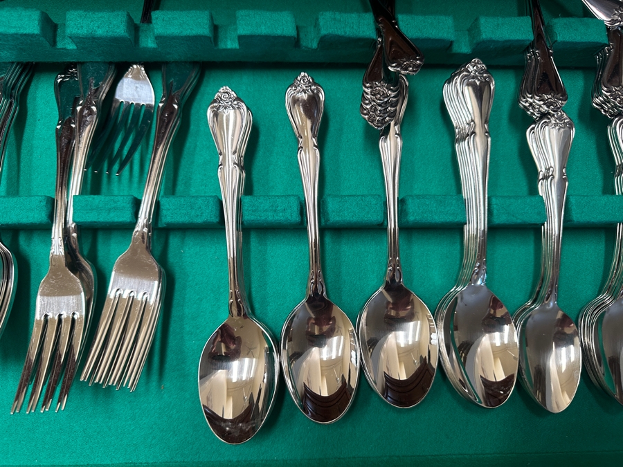 Vintage Chinese Hardwood Silverware Chest Cabinet With Five Drawers And Two Doors - Includes An Oneida Stainless Steel Flatware Service For Approximately 20 - 24W x 17D x 36H - See Photos [Photo 5]