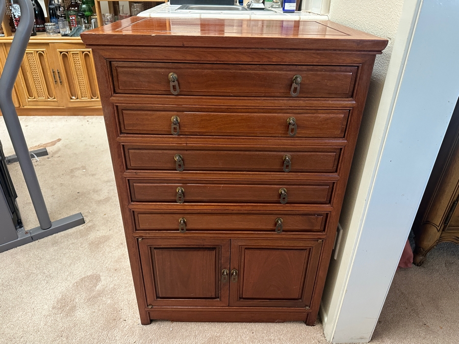 Vintage Chinese Hardwood Silverware Chest Cabinet With Five Drawers And Two Doors - Includes An Oneida Stainless Steel Flatware Service For Approximately 20 - 24W x 17D x 36H - See Photos [Photo 10]