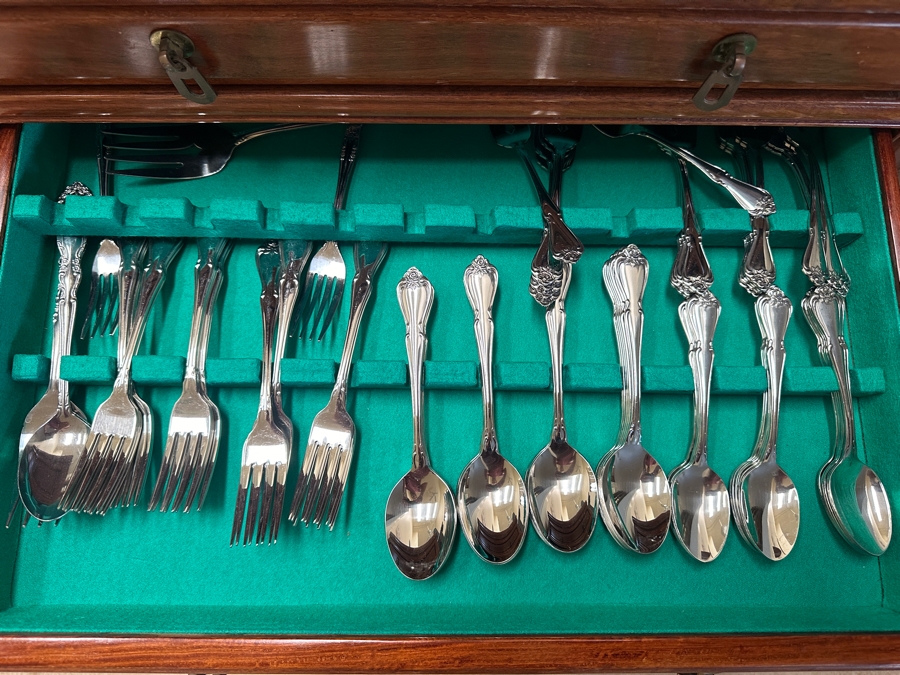 Vintage Chinese Hardwood Silverware Chest Cabinet With Five Drawers And Two Doors - Includes An Oneida Stainless Steel Flatware Service For Approximately 20 - 24W x 17D x 36H - See Photos [Photo 4]
