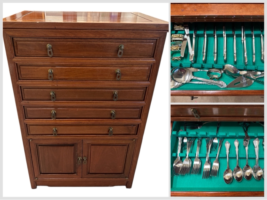 Vintage Chinese Hardwood Silverware Chest Cabinet With Five Drawers And Two Doors - Includes An Oneida Stainless Steel Flatware Service For Approximately 20 - 24W x 17D x 36H - See Photos