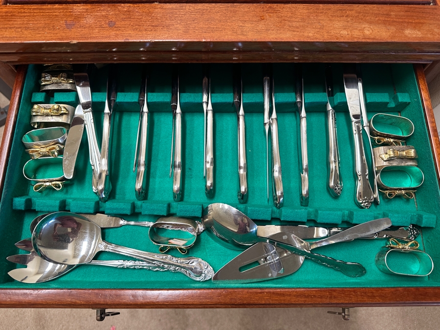 Vintage Chinese Hardwood Silverware Chest Cabinet With Five Drawers And Two Doors - Includes An Oneida Stainless Steel Flatware Service For Approximately 20 - 24W x 17D x 36H - See Photos [Photo 3]