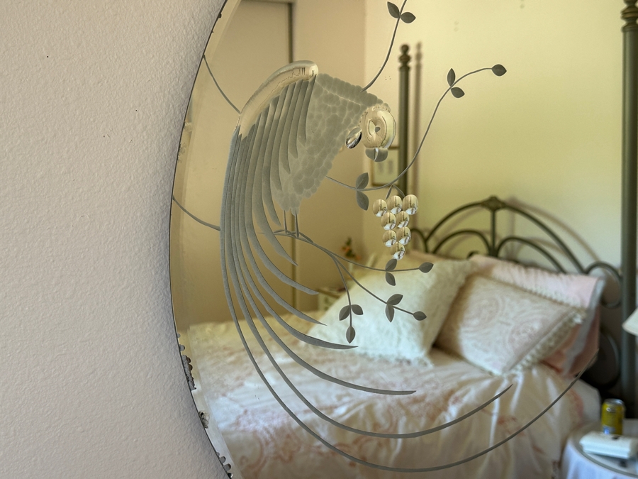 Vintage 1944 Donnelly-Kelley Etched Glass Mirror With Parrot Bird Design 26'D [Photo 5]