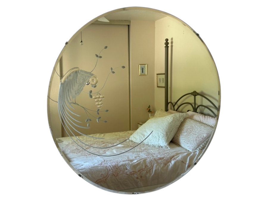 Vintage 1944 Donnelly-Kelley Etched Glass Mirror With Parrot Bird Design 26'D [Photo 3]