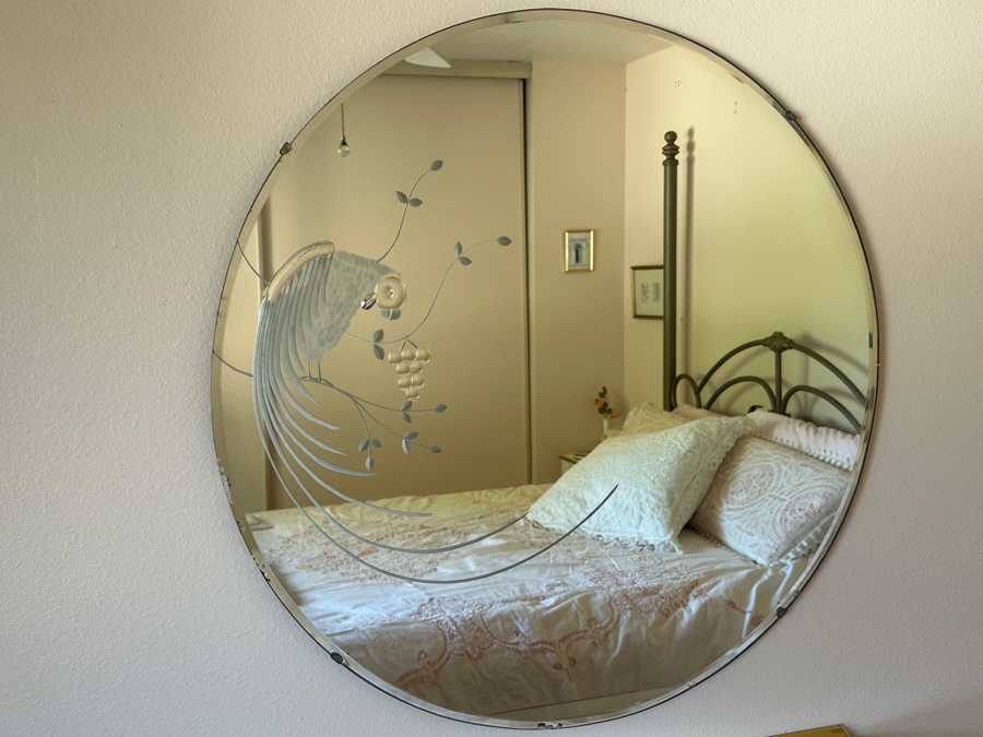 Vintage 1944 Donnelly-Kelley Etched Glass Mirror With Parrot Bird Design 26'D [Photo 2]