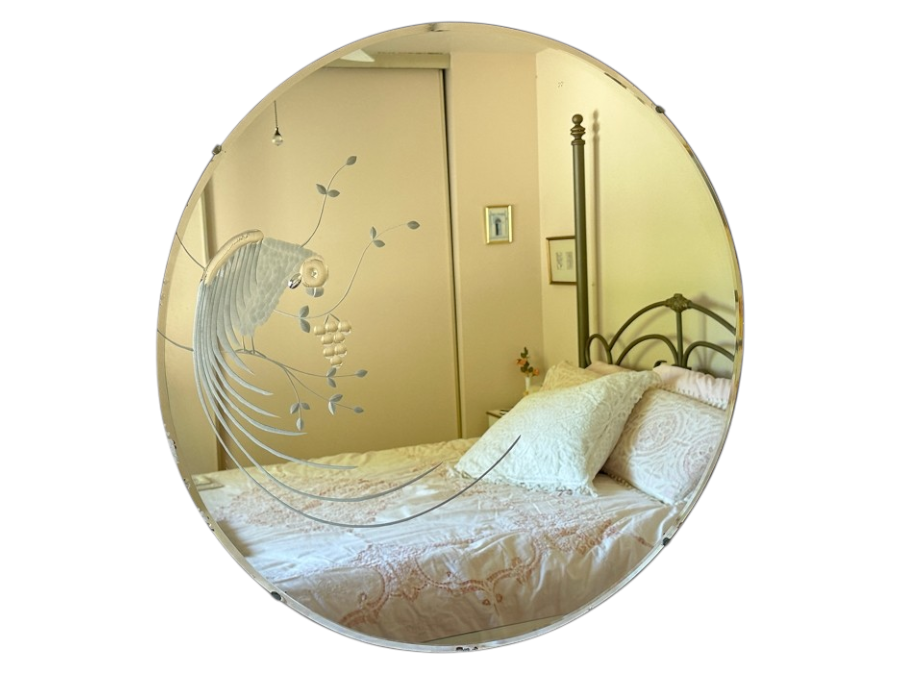Vintage 1944 Donnelly-Kelley Etched Glass Mirror With Parrot Bird Design 26'D