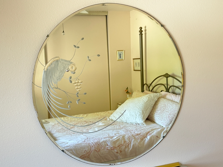 Vintage 1944 Donnelly-Kelley Etched Glass Mirror With Parrot Bird Design 26'D [Photo 4]
