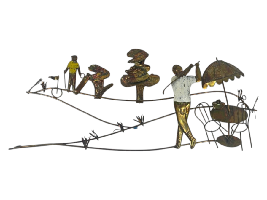Vintage Brass Metal Wall Sculpture Golf Scene 24'W