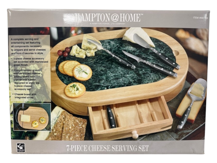 New Hampton Forge 7-Piece Cheese Serving Set Includes Marble-Topped Board With Drawer And 5 Utensils 