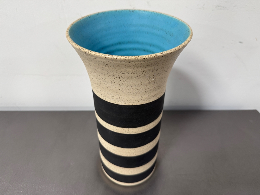 Striped Ceramic Vase With Blue Interior 13'H [Photo 2]