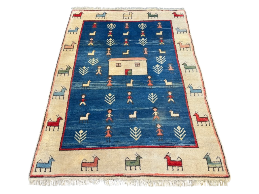 Modern Handwoven Wool Folk Art Area Rug with House And Animals 54'W x 76'L