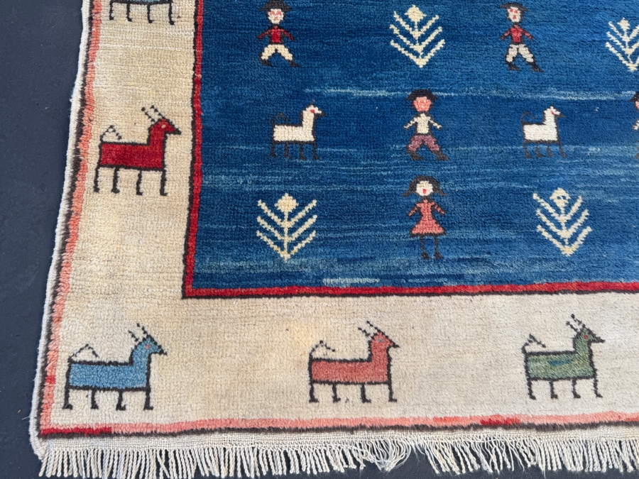 Modern Handwoven Wool Folk Art Area Rug with House And Animals 54'W x 76'L [Photo 2]