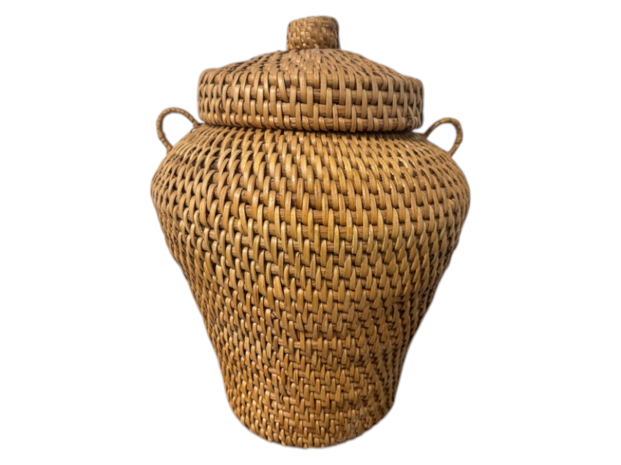 Woven Rattan Urn Basket With Lid 15'H