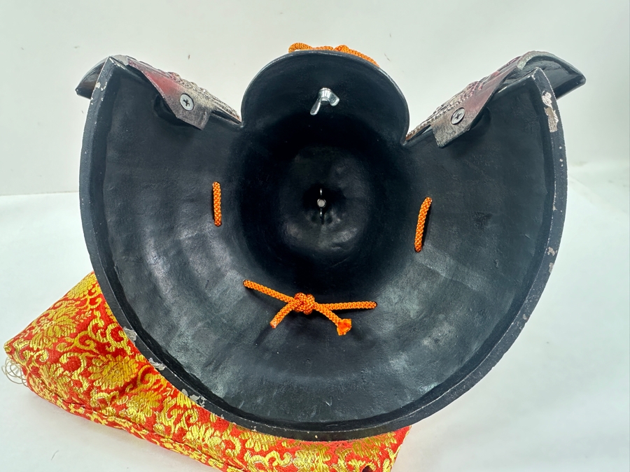 Reproduction Ornate Golden Samurai Helmet On Red Brocade Pillow With Tassels 12.5'W x 12'H [Photo 8]