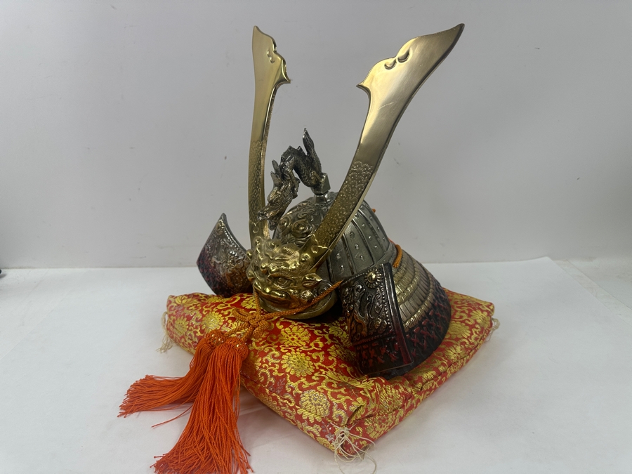 Reproduction Ornate Golden Samurai Helmet On Red Brocade Pillow With Tassels 12.5'W x 12'H [Photo 4]