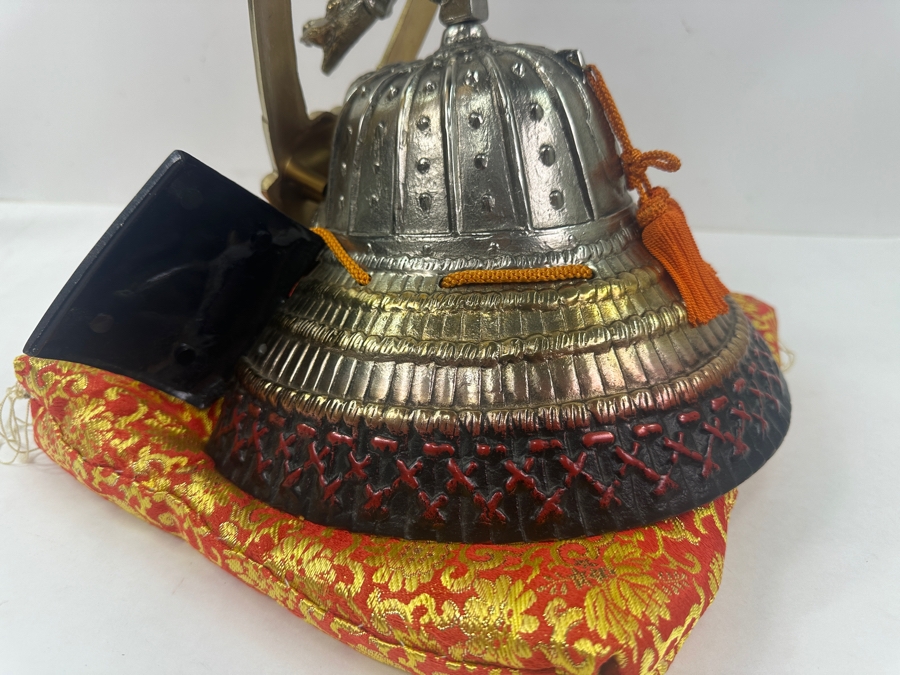 Reproduction Ornate Golden Samurai Helmet On Red Brocade Pillow With Tassels 12.5'W x 12'H [Photo 7]