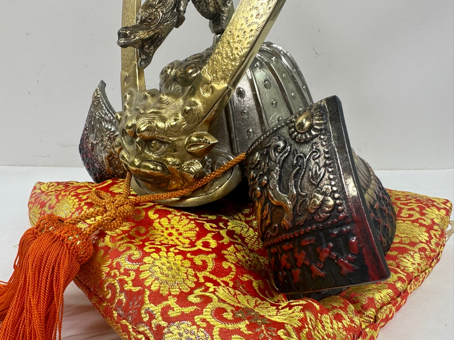 Reproduction Ornate Golden Samurai Helmet On Red Brocade Pillow With Tassels 12.5'W x 12'H [Photo 5]