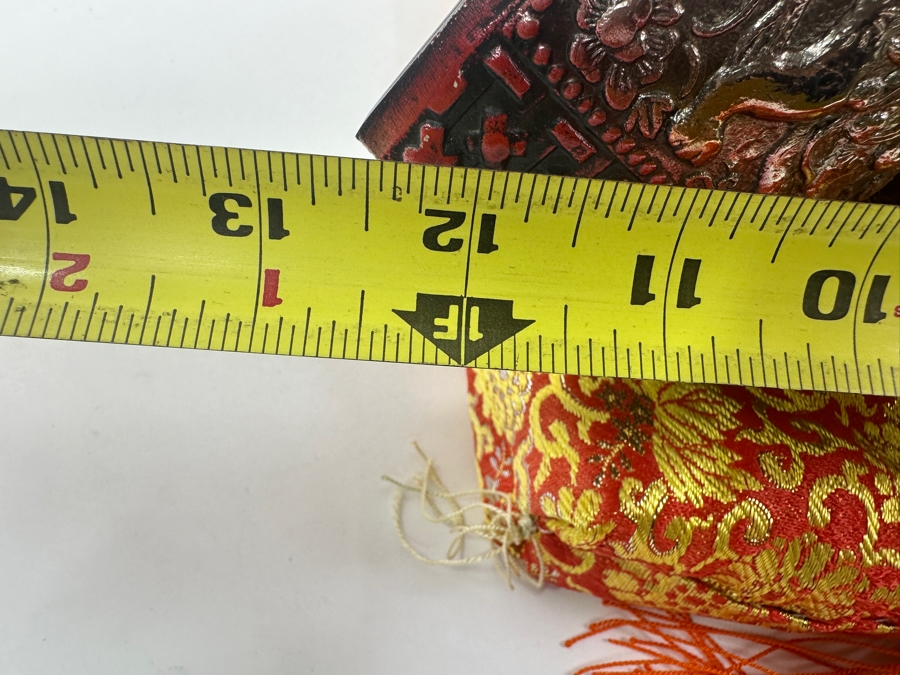 Reproduction Ornate Golden Samurai Helmet On Red Brocade Pillow With Tassels 12.5'W x 12'H [Photo 9]