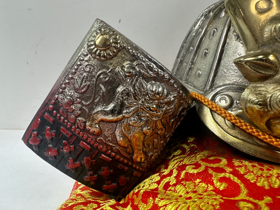 Reproduction Ornate Golden Samurai Helmet On Red Brocade Pillow With Tassels 12.5'W x 12'H [Photo 3]