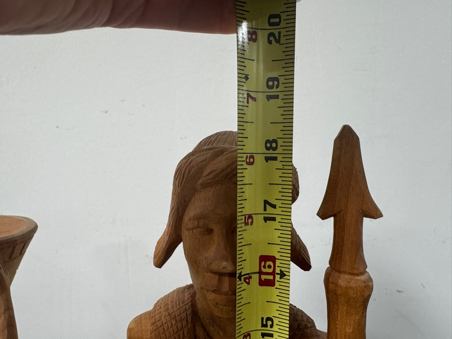 Hand Carved Wooden Statues Of A Man With Spear And Woman With Basket 18'H [Photo 5]