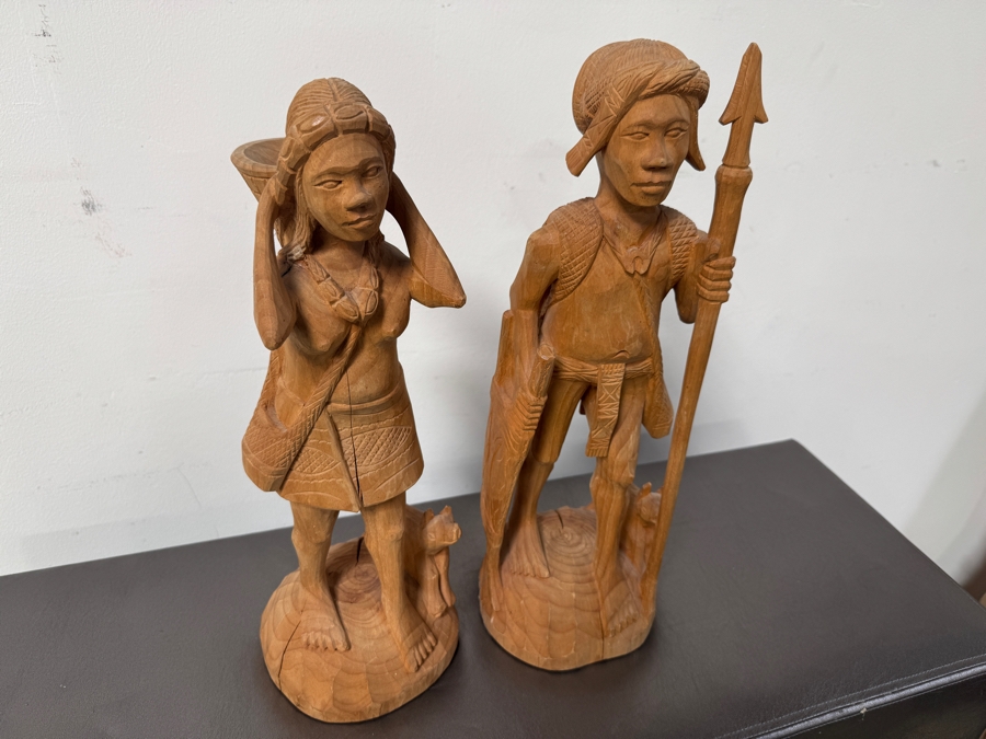 Hand Carved Wooden Statues Of A Man With Spear And Woman With Basket 18'H [Photo 2]