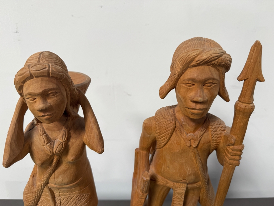 Hand Carved Wooden Statues Of A Man With Spear And Woman With Basket 18'H [Photo 4]