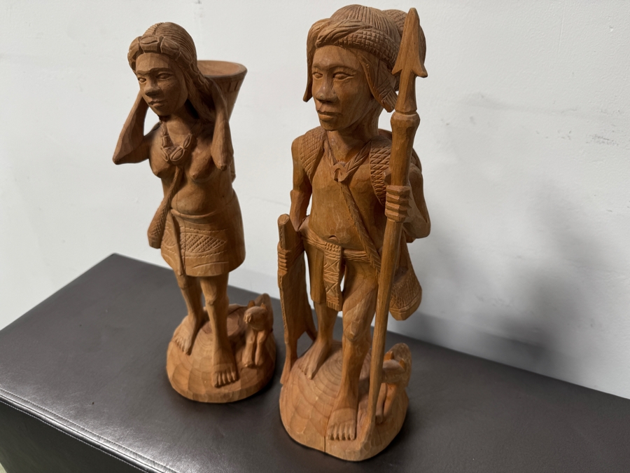 Hand Carved Wooden Statues Of A Man With Spear And Woman With Basket 18'H [Photo 3]