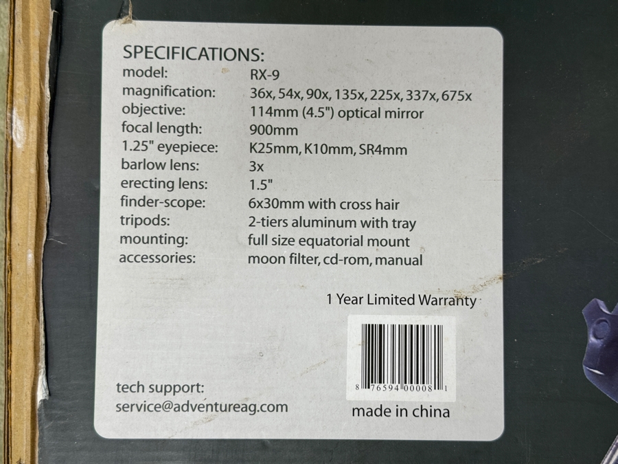 Venture RX-9 Reflector Telescope 900mm Focal Length, 114mm Optical Mirror, Equatorial Mount, and Superior Eyepieces [Photo 2]