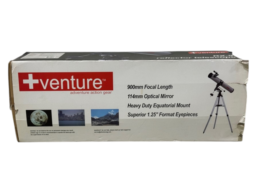 Venture RX-9 Reflector Telescope 900mm Focal Length, 114mm Optical Mirror, Equatorial Mount, and Superior Eyepieces