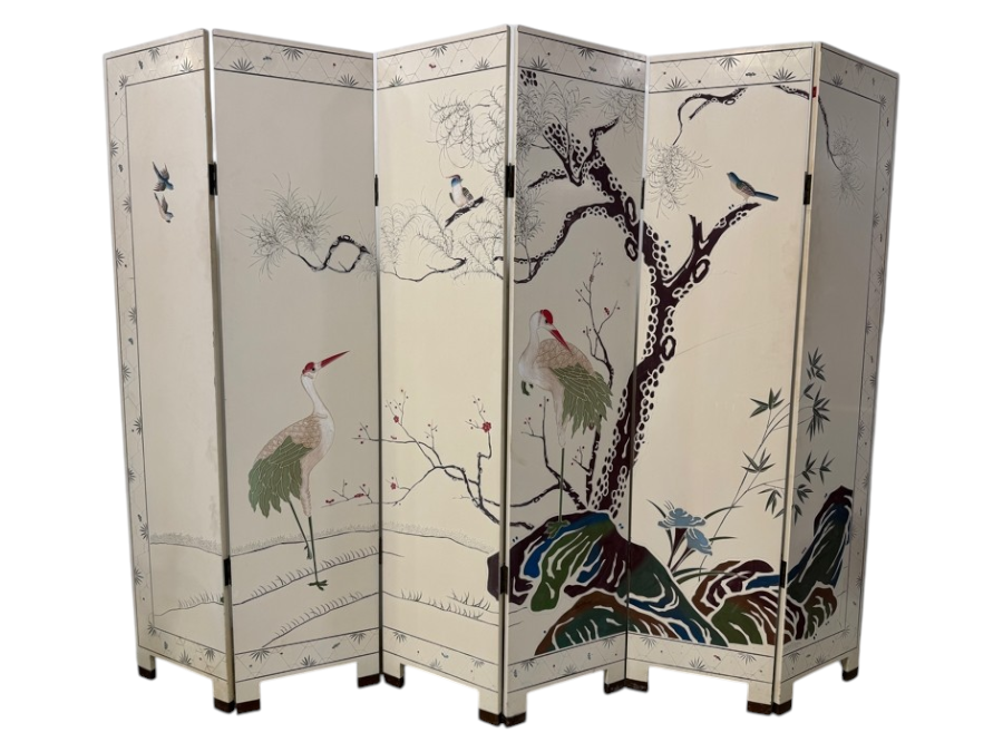 Vintage Chinese Six-Panel Double-Sided Coromandel Screen with Ivory Lacquer Background 95'W x 72'H