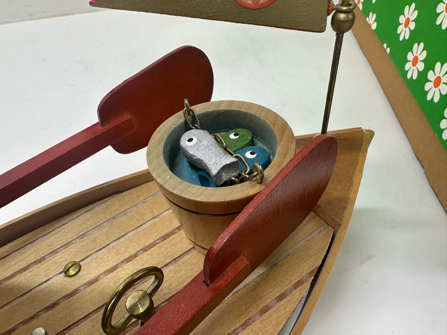 Steinbach Wooden Incense Smoker Angler In Boat Music Box With Original Box And Tag 12'W [Photo 8]