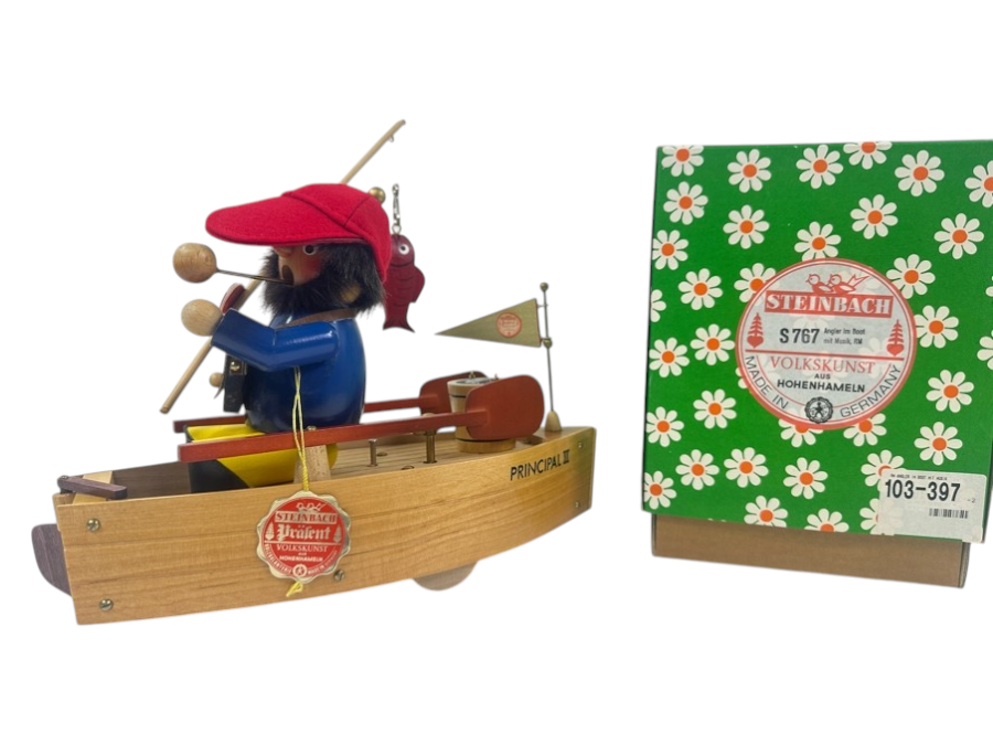 Steinbach Wooden Incense Smoker Angler In Boat Music Box With Original Box And Tag 12'W