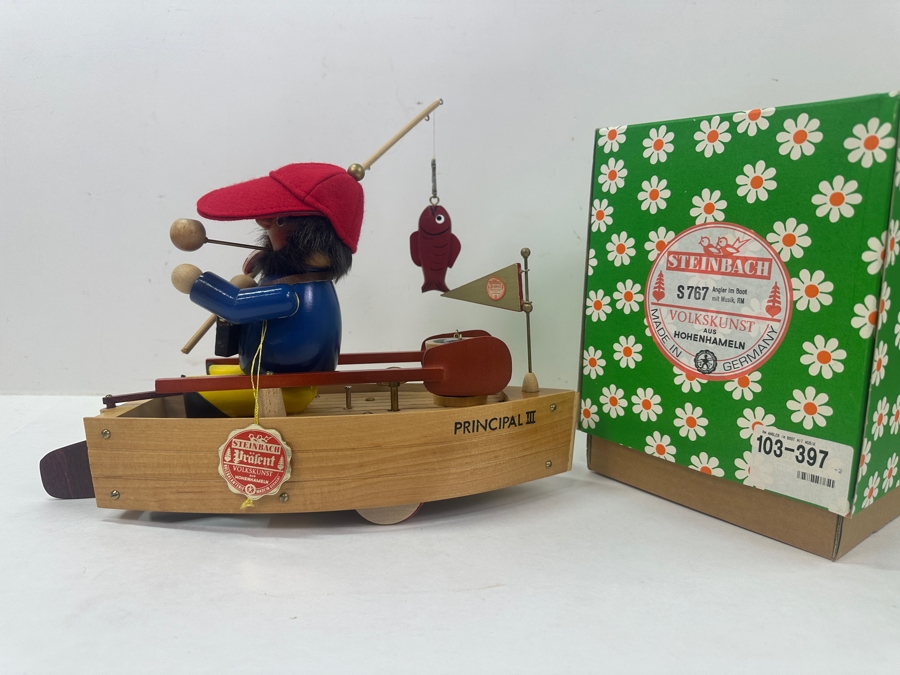 Steinbach Wooden Incense Smoker Angler In Boat Music Box With Original Box And Tag 12'W [Photo 3]