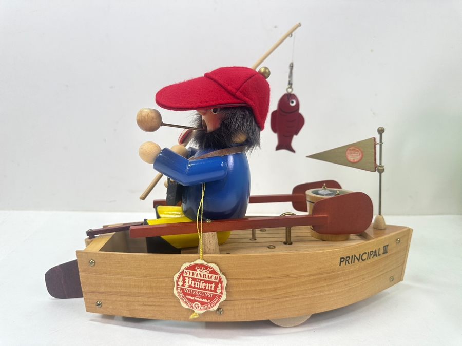 Steinbach Wooden Incense Smoker Angler In Boat Music Box With Original Box And Tag 12'W [Photo 2]