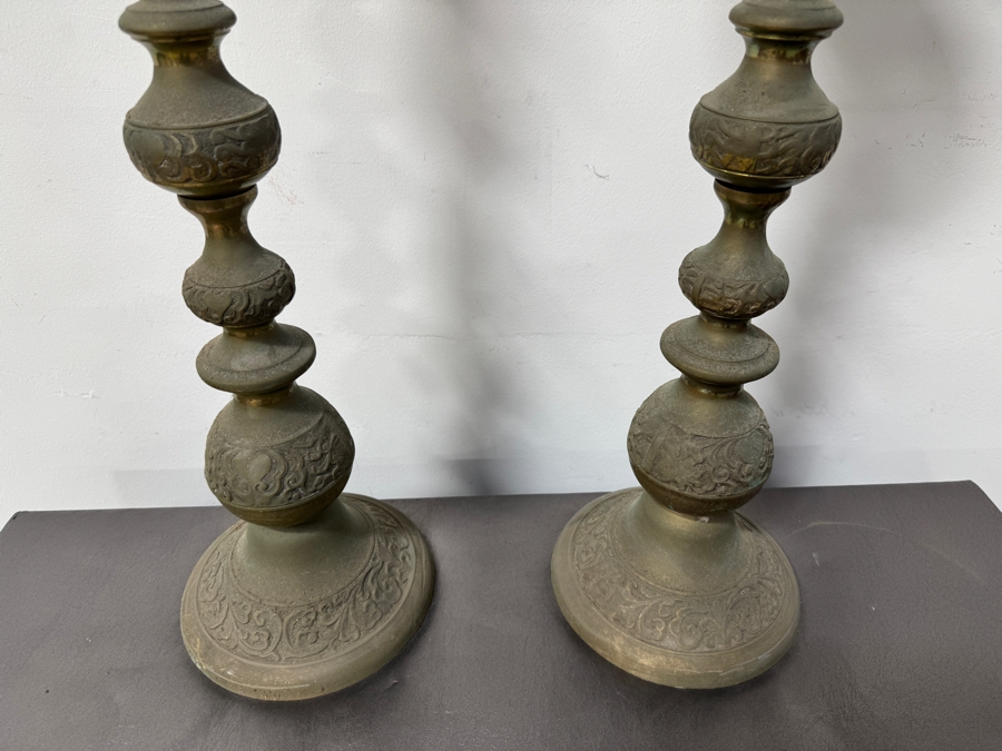 Pair of Brass Freestanding Candlesticks Candle Holders 43'H and 33.5'H [Photo 2]