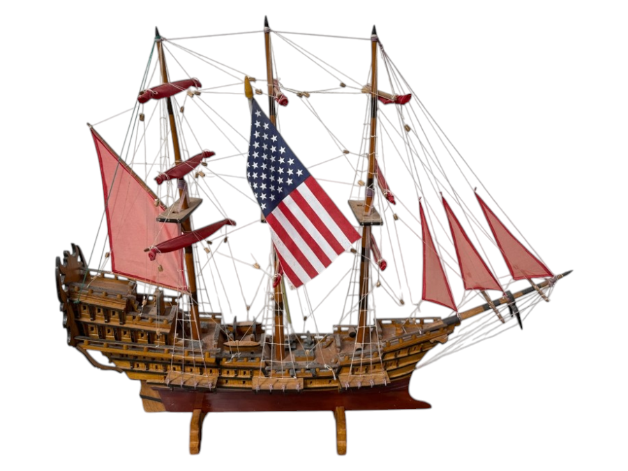 Large Wooden Model Sailboat With American Flag And Red Sails 42'W x 35'H