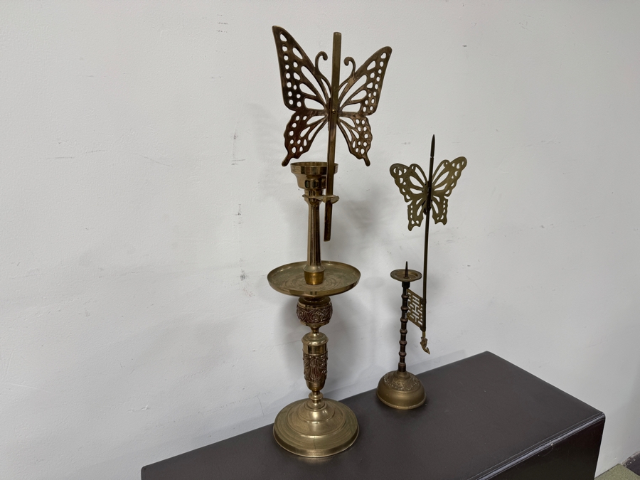 Set of Two Brass Butterfly Candlestick Holders 30'H and 24'H [Photo 2]
