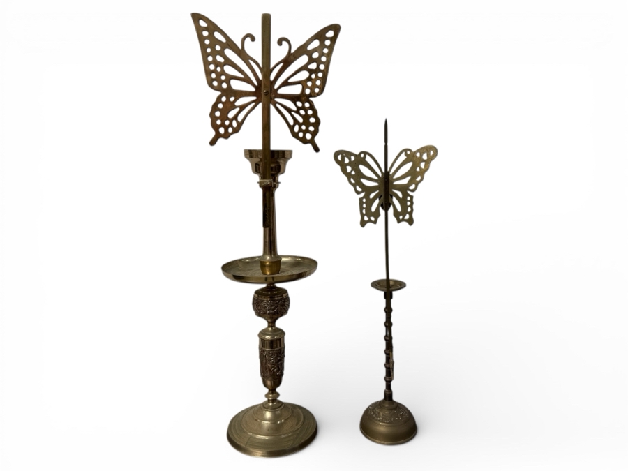 Set of Two Brass Butterfly Candlestick Holders 30'H and 24'H