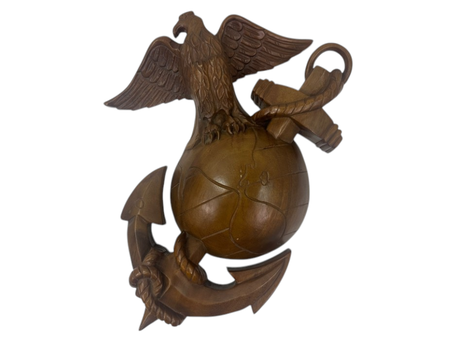 Hand Carved Wooden United States Marine Corps (USMC) Emblem Wall Plaque The Eagle, Globe And Anchor (EGA) 16'W x 19.5H