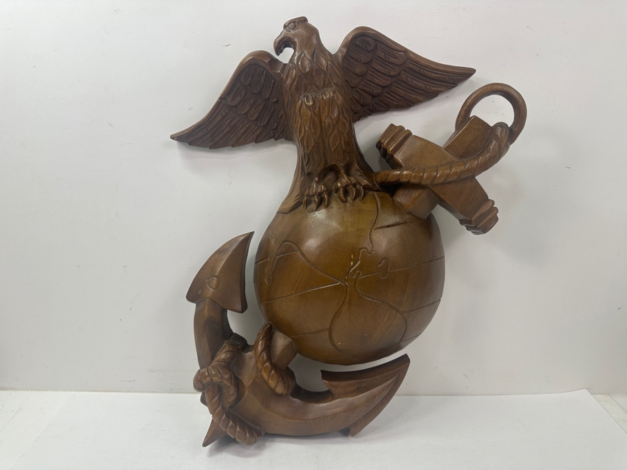 Hand Carved Wooden United States Marine Corps (USMC) Emblem Wall Plaque The Eagle, Globe And Anchor (EGA) 16'W x 19.5H [Photo 2]