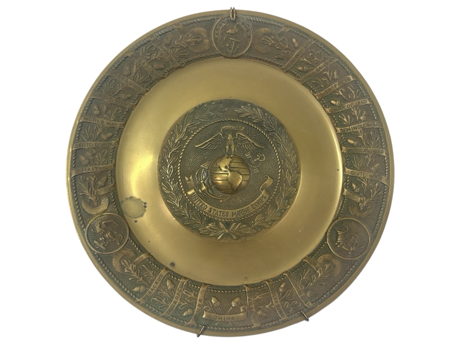 Decorative United States Marine Corps Brass Plaque Featuring Emblem and Engraved Historical Campaigns 11.5'W