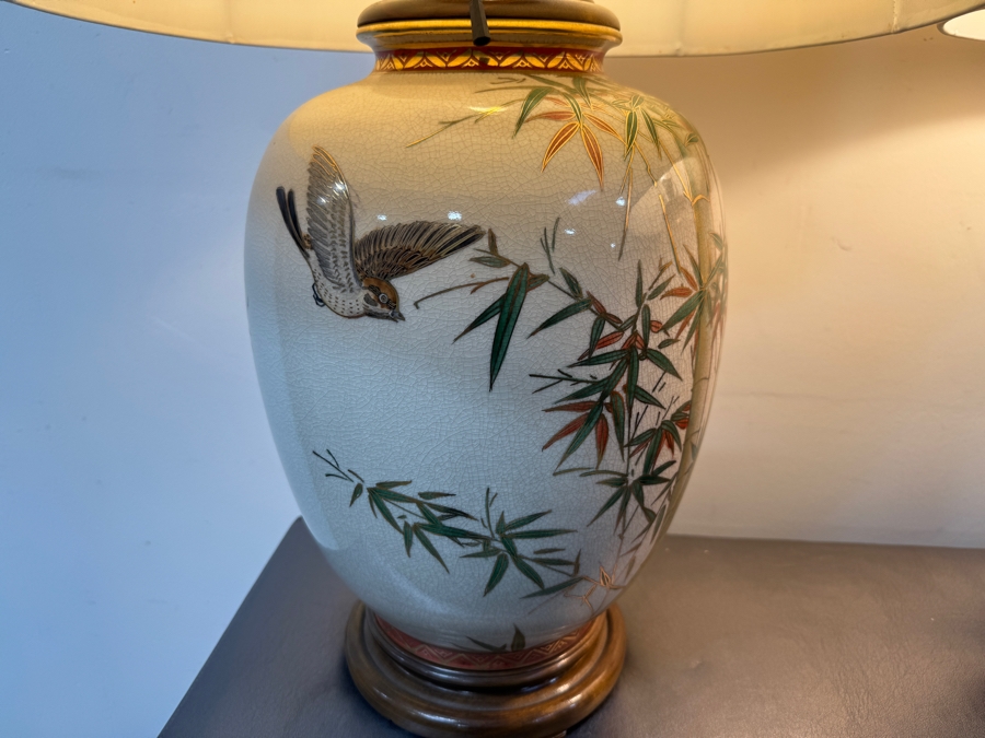 Matching Pair Of Vintage Japanese Ceramic Table Lamps With Bamboo And Bird Motif 37'H [Photo 2]