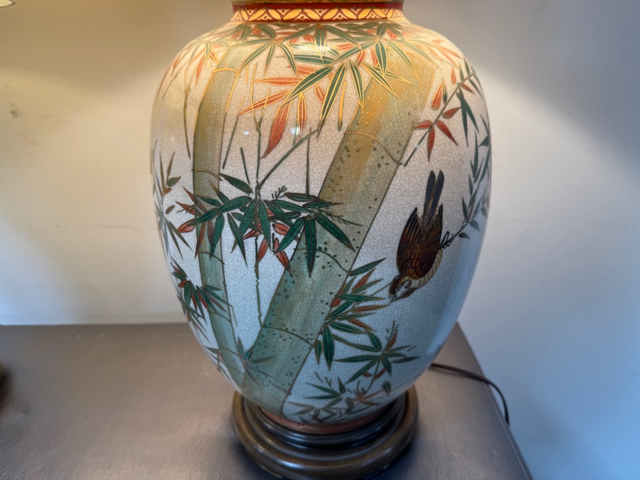 Matching Pair Of Vintage Japanese Ceramic Table Lamps With Bamboo And Bird Motif 37'H [Photo 4]