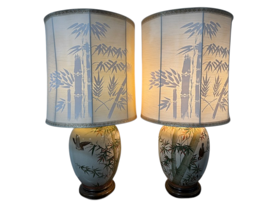 Matching Pair Of Vintage Japanese Ceramic Table Lamps With Bamboo And Bird Motif 37'H