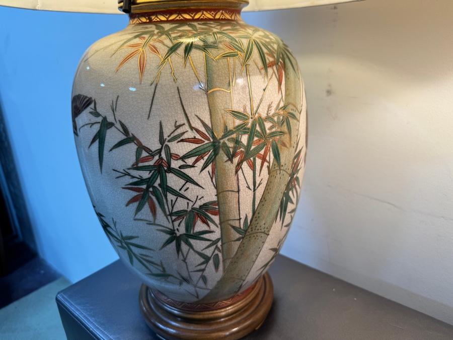 Matching Pair Of Vintage Japanese Ceramic Table Lamps With Bamboo And Bird Motif 37'H [Photo 3]