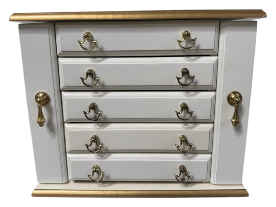 White Wooden Jewelry Box With Six Drawers And Gold Trim 15.5'W x 12'D x 13'H