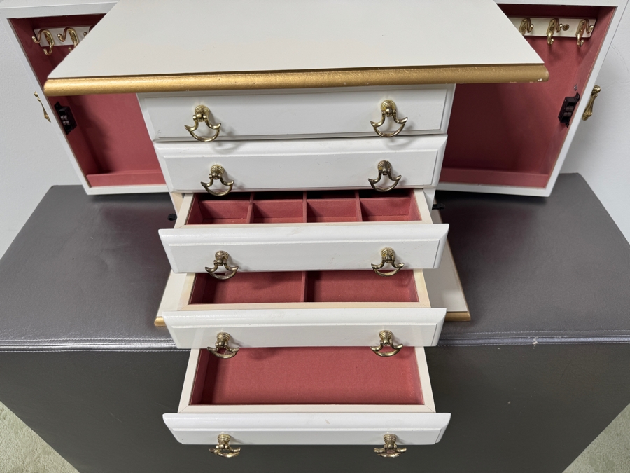 White Wooden Jewelry Box With Six Drawers And Gold Trim 15.5'W x 12'D x 13'H [Photo 3]
