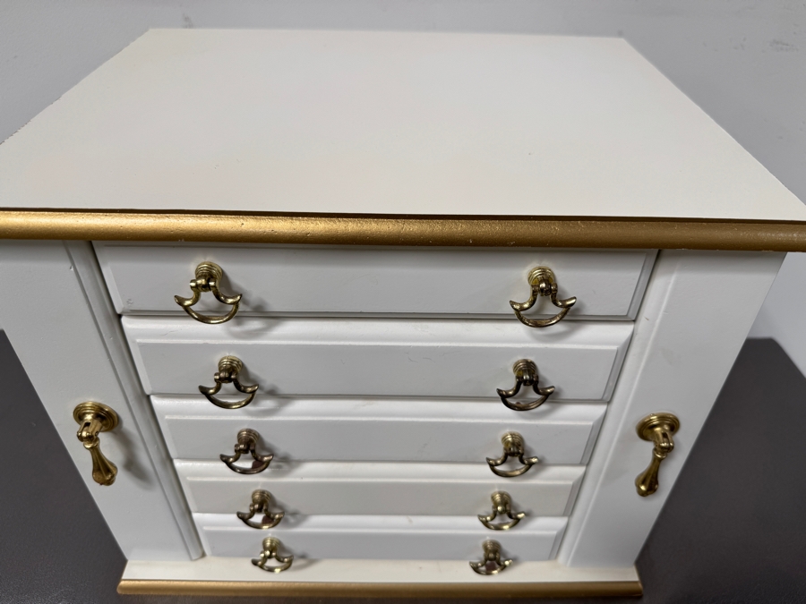 White Wooden Jewelry Box With Six Drawers And Gold Trim 15.5'W x 12'D x 13'H [Photo 2]