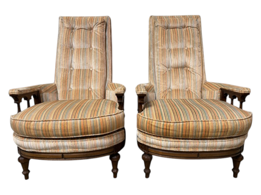 Vintage Mid Century Striped High-Back Accent Chairs 26'W x 32'D x 41'H