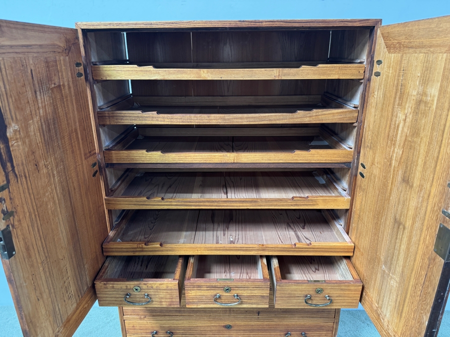 Vintage Japanese Two-Section Isho Biraki Kimono Tansu (Clothing Chest With Hinged Doors) Made Of Kiri Wood 35.5'W x 17'D x 63'H [Photo 4]
